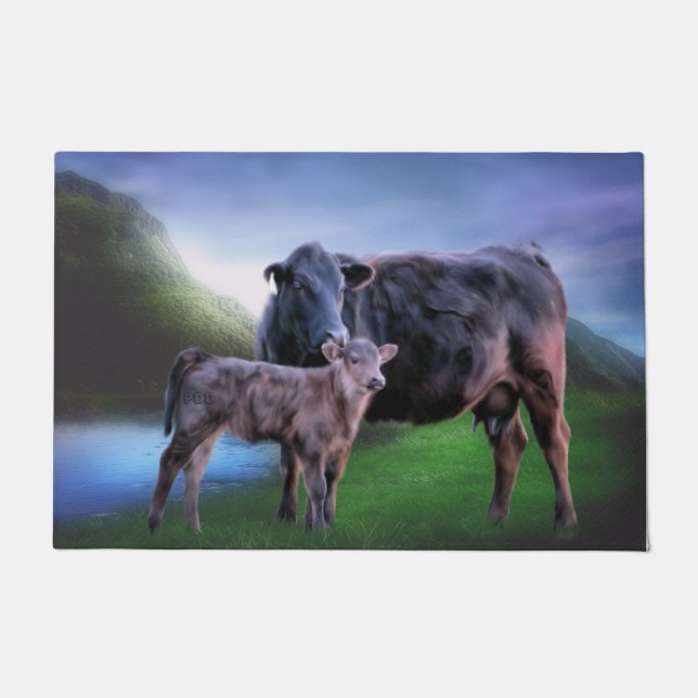 Black Angus Cow and Calf Doormat (Front)