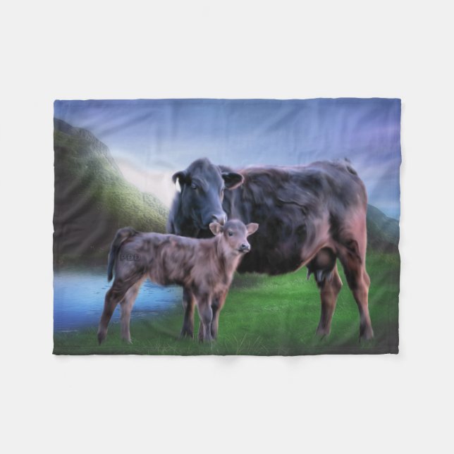 Black Angus Cow and Calf Fleece Blanket (Front (Horizontal))