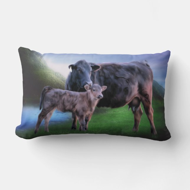 Black Angus Cow and Calf Lumbar Pillow (Front)