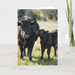 Black Angus Cow and Calf Study A In Watercolors Card