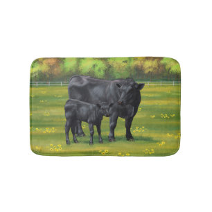 Black Angus Cow & Cute Calf in Summer Pasture Bath Mat