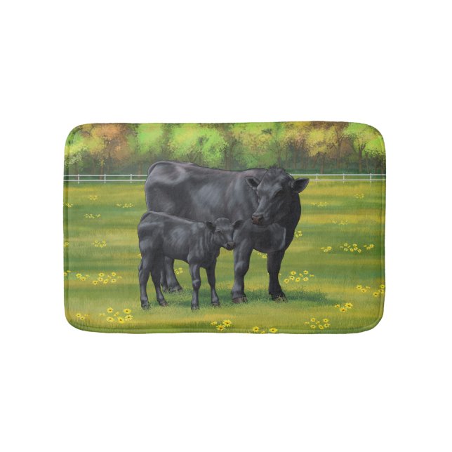 Black Angus Cow & Cute Calf in Summer Pasture Bath Mat (Front)