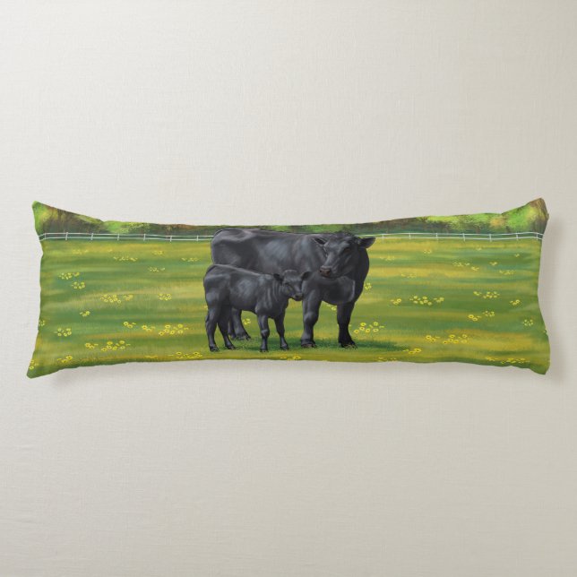 Black Angus Cow & Cute Calf in Summer Pasture Body Pillow (Front)