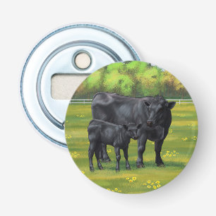 Black Angus Cow & Cute Calf in Summer Pasture Bottle Opener