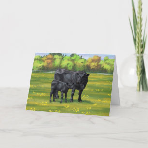 Black Angus Cow & Cute Calf in Summer Pasture Card
