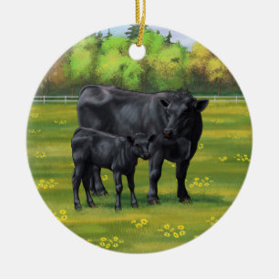 Black Angus Cow & Cute Calf in Summer Pasture Ceramic Ornament