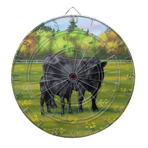 Black Angus Cow & Cute Calf in Summer Pasture Dartboard