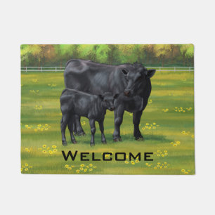 Black Angus Cow & Cute Calf in Summer Pasture Doormat