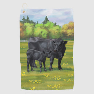 Black Angus Cow & Cute Calf in Summer Pasture Golf Towel