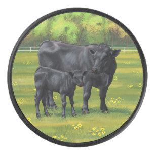 Black Angus Cow & Cute Calf in Summer Pasture Hockey Puck
