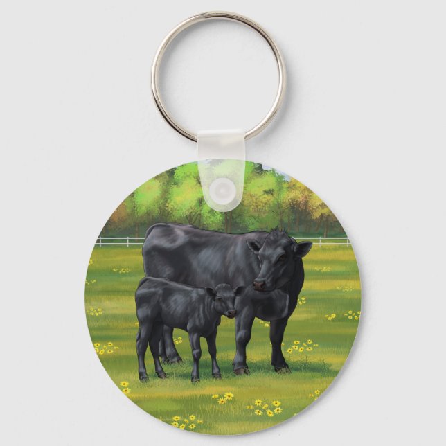 Black Angus Cow & Cute Calf in Summer Pasture Keychain (Front)