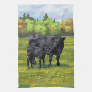 Black Angus Cow & Cute Calf in Summer Pasture Kitchen Towel