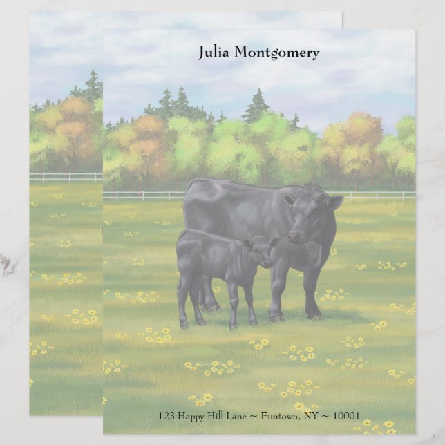 Black Angus Cow & Cute Calf in Summer Pasture Lett Letterhead (Front/Back)