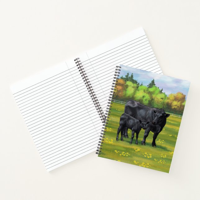 Black Angus Cow & Cute Calf in Summer Pasture Notebook (Inside)