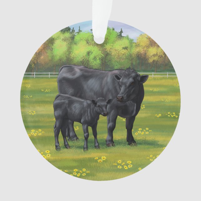 Black Angus Cow & Cute Calf in Summer Pasture Ornament (Front)