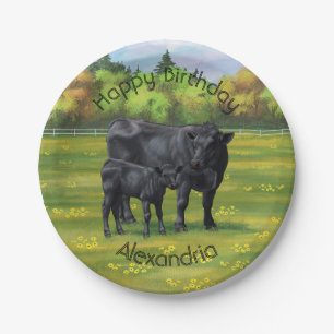 Black Angus Cow & Cute Calf in Summer Pasture Paper Plate