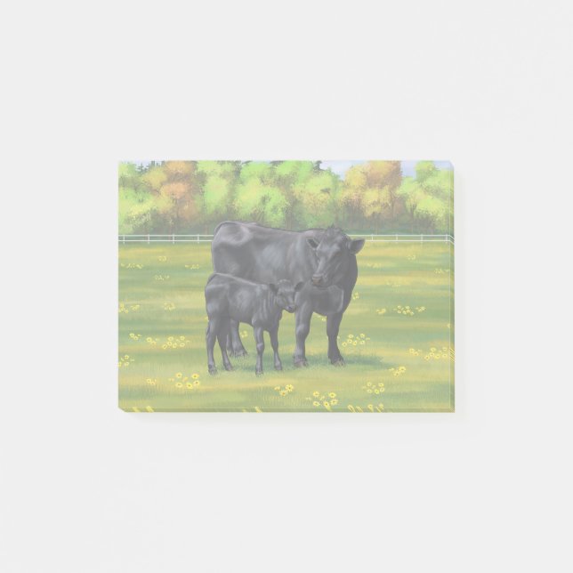 Black Angus Cow & Cute Calf in Summer Pasture Post-it Notes (Front)