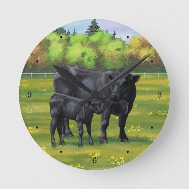 Black Angus Cow & Cute Calf in Summer Pasture Round Clock (Front)