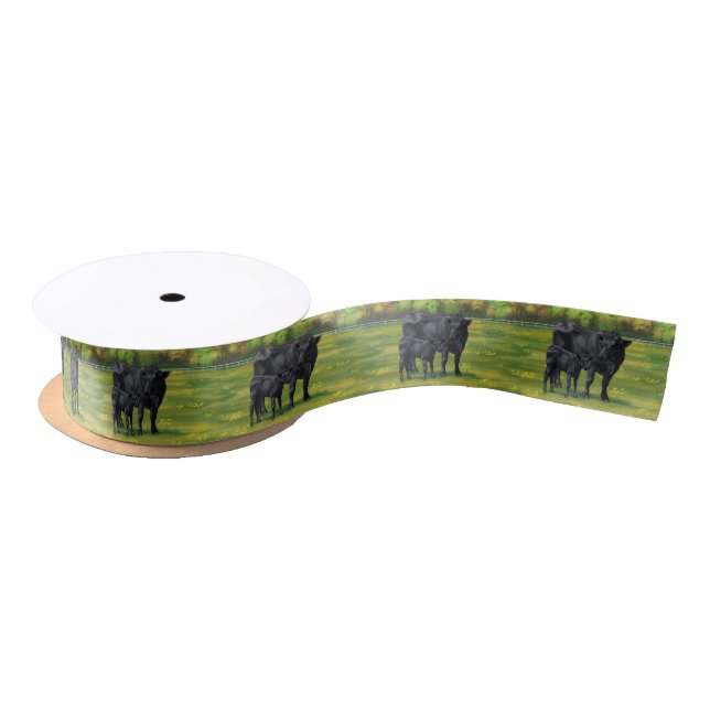 Black Angus Cow & Cute Calf in Summer Pasture Satin Ribbon (Spool)