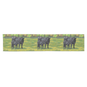 Black Angus Cow & Cute Calf in Summer Pasture Short Table Runner