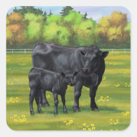 Black Angus Cow & Cute Calf in Summer Pasture