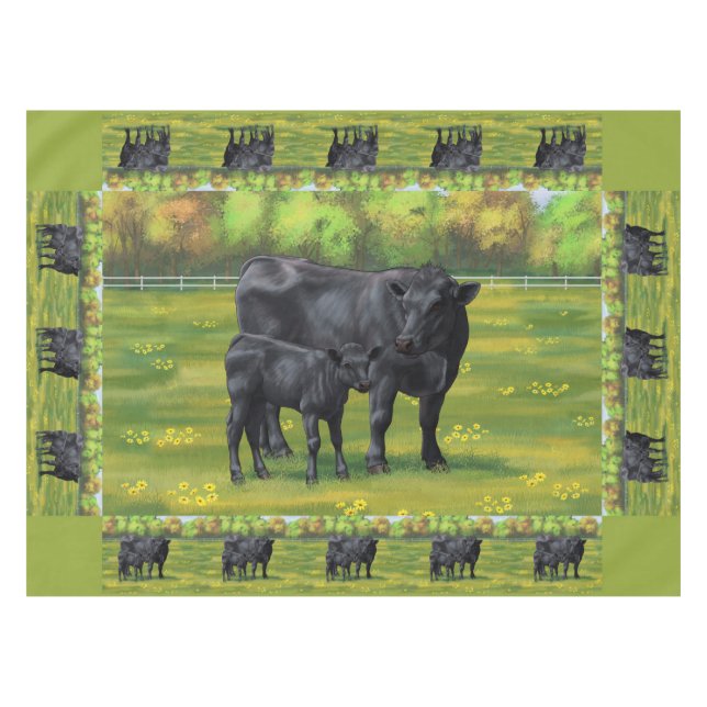 Black Angus Cow & Cute Calf in Summer Pasture Tablecloth (Front (Horizontal))