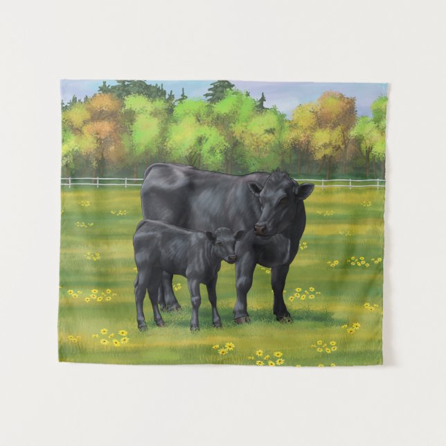 Black Angus Cow & Cute Calf in Summer Pasture Tapestry (Front (Horizontal))