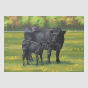 Black Angus Cow & Cute Calf in Summer Pasture Tissue Paper