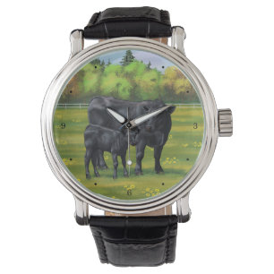 Black Angus Cow & Cute Calf in Summer Pasture Watch