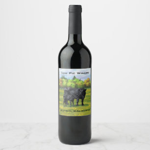 Black Angus Cow & Cute Calf in Summer Pasture Wine Label