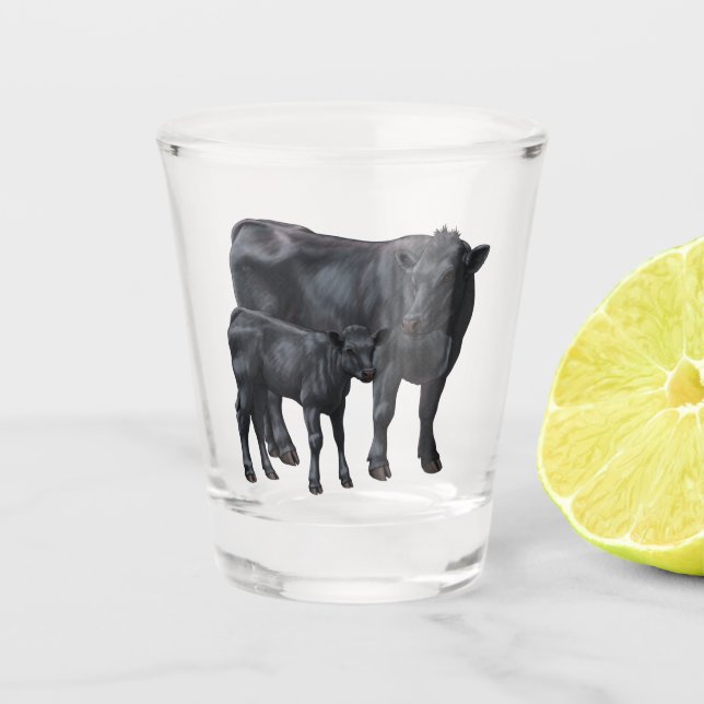 Black Angus Cow & Cute Calf Shot Glass (Front)