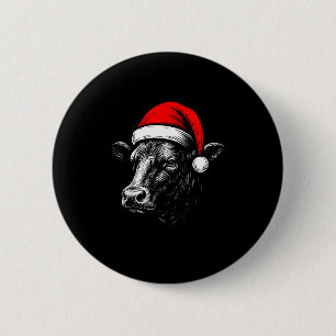 Black Angus Rancher Christmas Cow Santa Hat Farmer 2 Inch Round Button