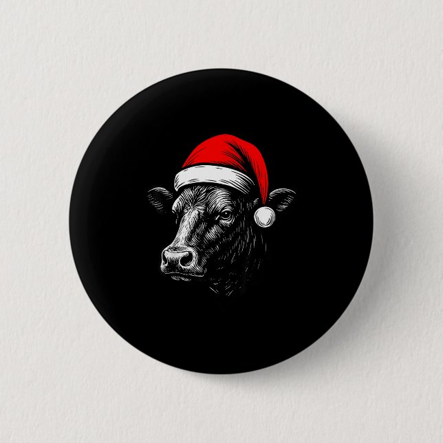 Black Angus Rancher Christmas Cow Santa Hat Farmer 2 Inch Round Button (Front)
