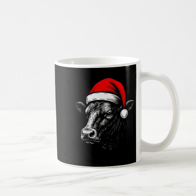 Black Angus Rancher Christmas Cow Santa Hat Farmer Coffee Mug (Right)