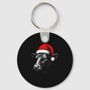 Black Angus Rancher Christmas Cow Santa Hat Farmer Keychain