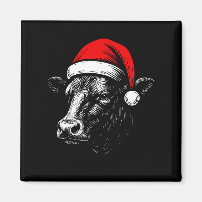 Black Angus Rancher Christmas Cow Santa Hat Farmer Magnet (Front)