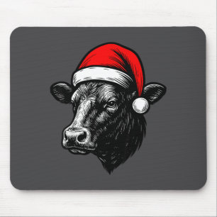 Black Angus Rancher Christmas Cow Santa Hat Farmer Mouse Pad