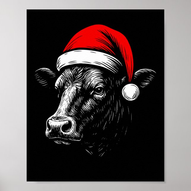 Black Angus Rancher Christmas Cow Santa Hat Farmer Poster (Front)