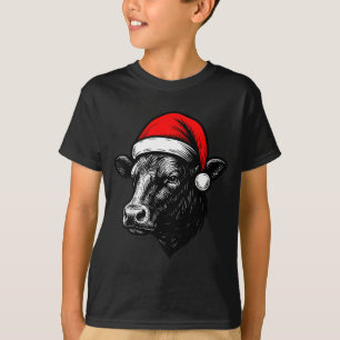 Black Angus Rancher Christmas Cow Santa Hat Farmer T-Shirt