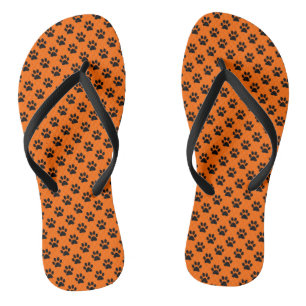Black Animal Paw Prints on Orange Flip Flops