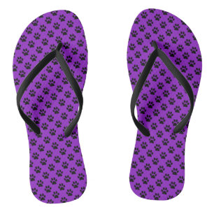 Black Animal Paw Prints on Purple Flip Flops