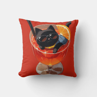 BLACK ANIME CAT IN A GLASS OF JUICE THROW PILLOW