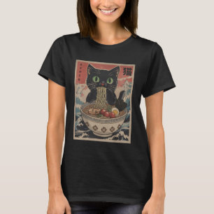 Black Anime Cat Ramen Noodles Japanese Funny Kawai T-Shirt