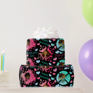 Black Anime Girls Birthday Wrapping Paper