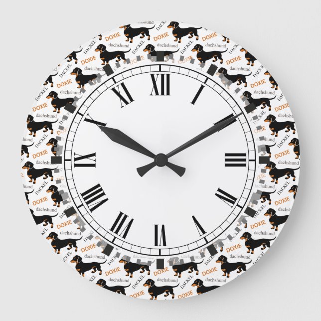 Black ansd Tan Smooth Coated Dachshund Pattern Large Clock (Front)