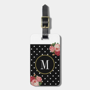 Black Antique Floral Polka Dots Gold Monogram Luggage Tag