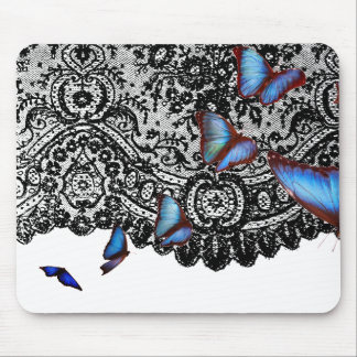BLACK ANTIQUE LACE BLUE BUTTERFLIES MOUSE PAD