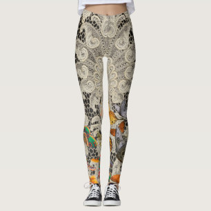 BLACK ANTIQUE LACE PATTERN BUTTERFLIES LEGGINGS