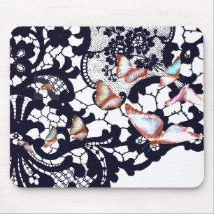 BLACK ANTIQUE LACE PATTERN BUTTERFLY MOUSE PAD
