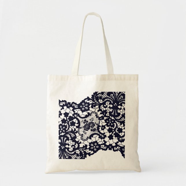 BLACK ANTIQUE LACE PATTERN CUSTOM NAME TOTE BAG (Front)